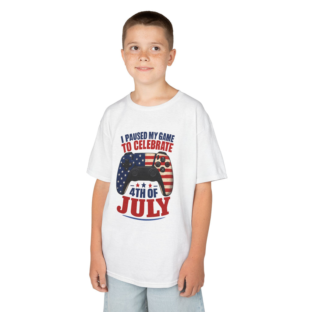 Kids Tee — "I Paused My Game to Celebrate 4th of July" Patriotic Gamer Shirt