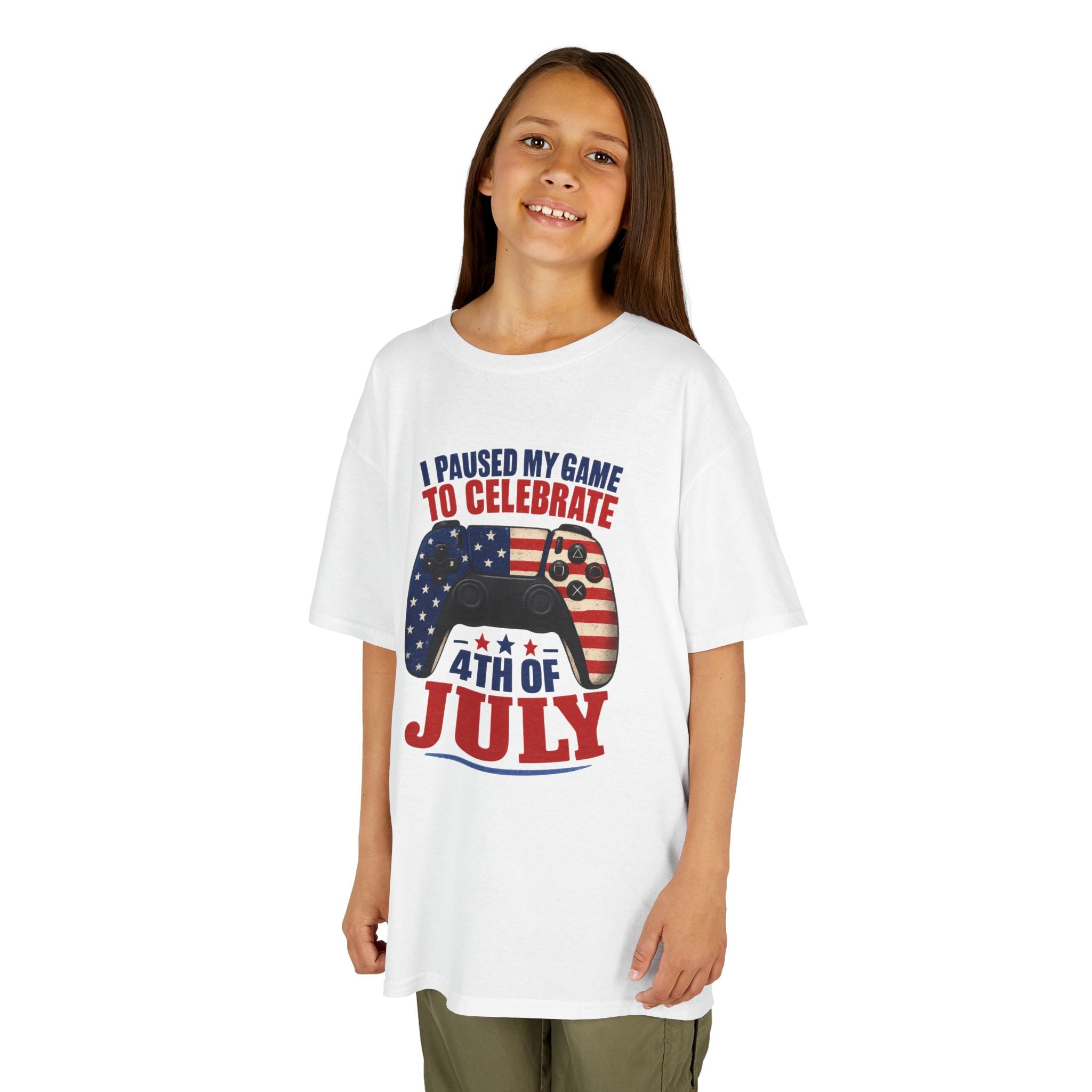 Kids Tee — "I Paused My Game to Celebrate 4th of July" Patriotic Gamer Shirt