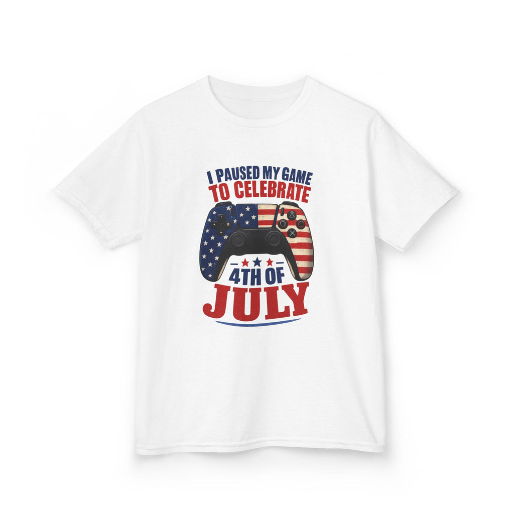 Kids Tee — "I Paused My Game to Celebrate 4th of July" Patriotic Gamer Shirt
